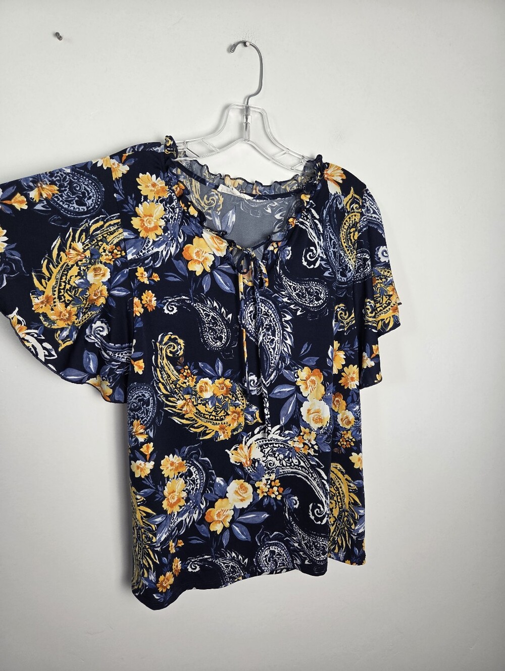 Perseption Concept Floral Ruffle Sleeve Blouse Top Bell Sleeve Flowy Tropical XL